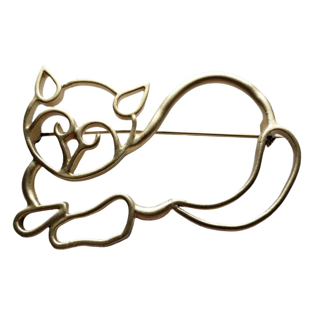 Vintage Cat Kitty Pin Gold Tone Outline Metal Big Brooch
